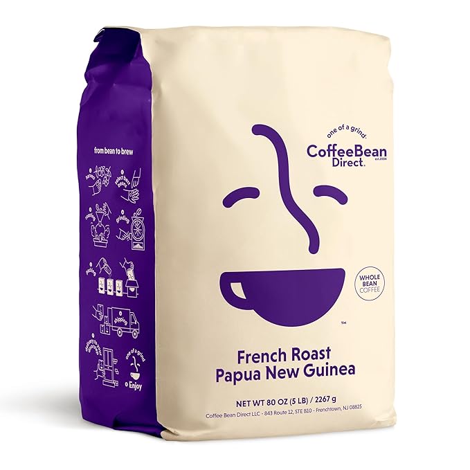 Coffee Bean Direct French Roast Papua New Guinea, Whole Bean Coffee, Arabica Coffee, Dark Roast, 5 Pound Bag (Pack of 1)