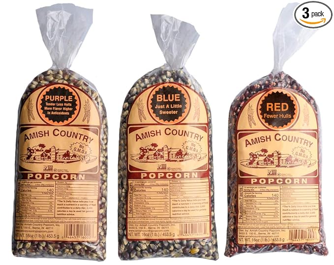 Amish Country Popcorn | 3-1 lb Bags | Purple, Red and Blue Popcorn Kernels | Old Fashioned, Non-GMO and Gluten Free (3-1 lb Bags)