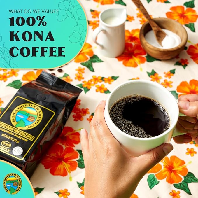 8oz 100% Kona Coffee Whole Beans by Kona Gold Rum Co. - Extra Fancy Freshly Roasted Medium/Dark Roast, Peach Notes with Cream Tones - Kona Coffee Whole Bean