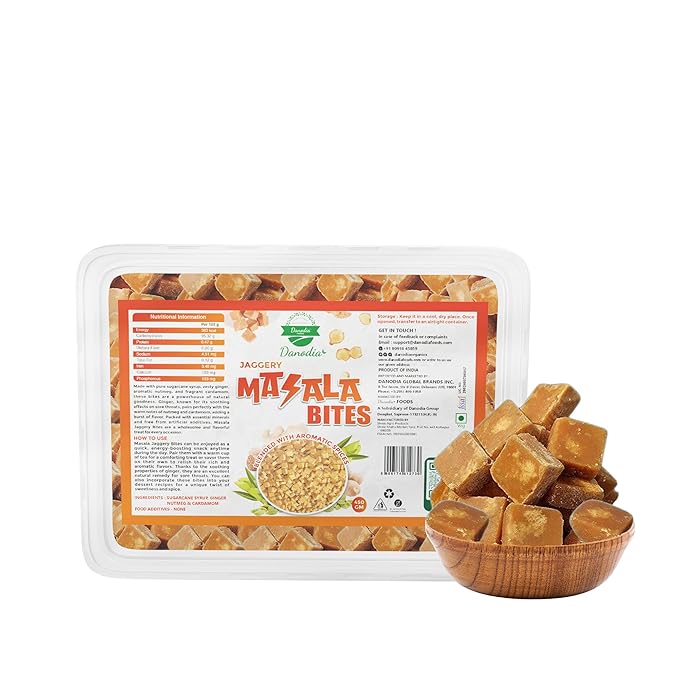 Danodia Foods Organic MASALA JAGGERY Bites/Blocks (450g/16 oz) | Ginger & Cardamom Infused | Gluten Free, Unrefined & Naturally Sweet Brown Gur | No Added Sugar | Delicious Vegan Snack & Sweetener