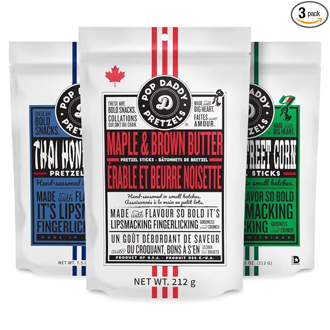 Pop Daddy Flavored Pretzels Sticks, Healthy Gourmet Pretzels, 7.5oz Variety Pack, 3 Pack, Maple and Brown Butter, Thai Honey Curry, Mexican Street Corn