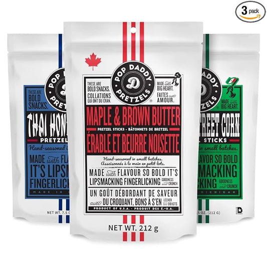 Pop Daddy Flavored Pretzels Sticks, Healthy Gourmet Pretzels, 7.5oz Variety Pack, 3 Pack, Maple and Brown Butter, Thai Honey Curry, Mexican Street Corn