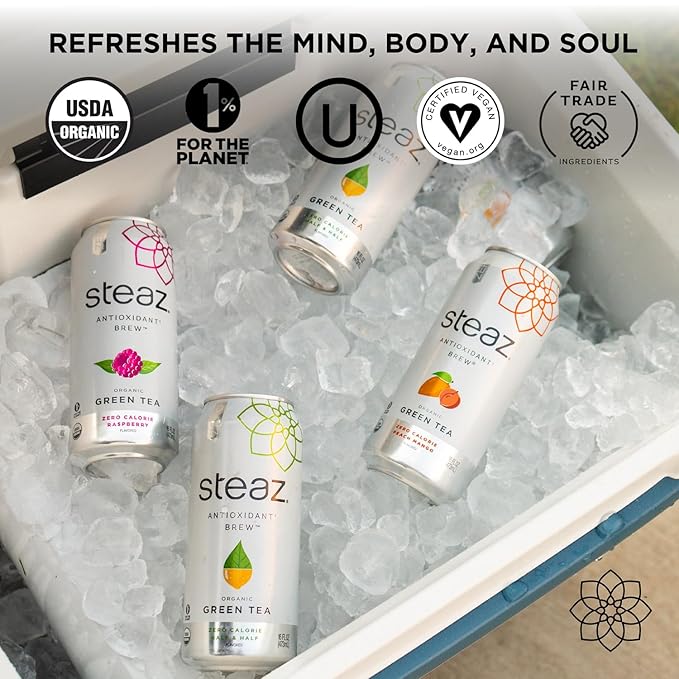Steaz - Organic Green Tea - Zero Calorie Raspberry (12 Pack) - Antioxidant Brew - 65mg Natural Caffeine, Vitamin C - Stevia Sweetened Iced Tea - Vegan, Fair Trade - 12 Cans, 16 fl oz (473mL)
