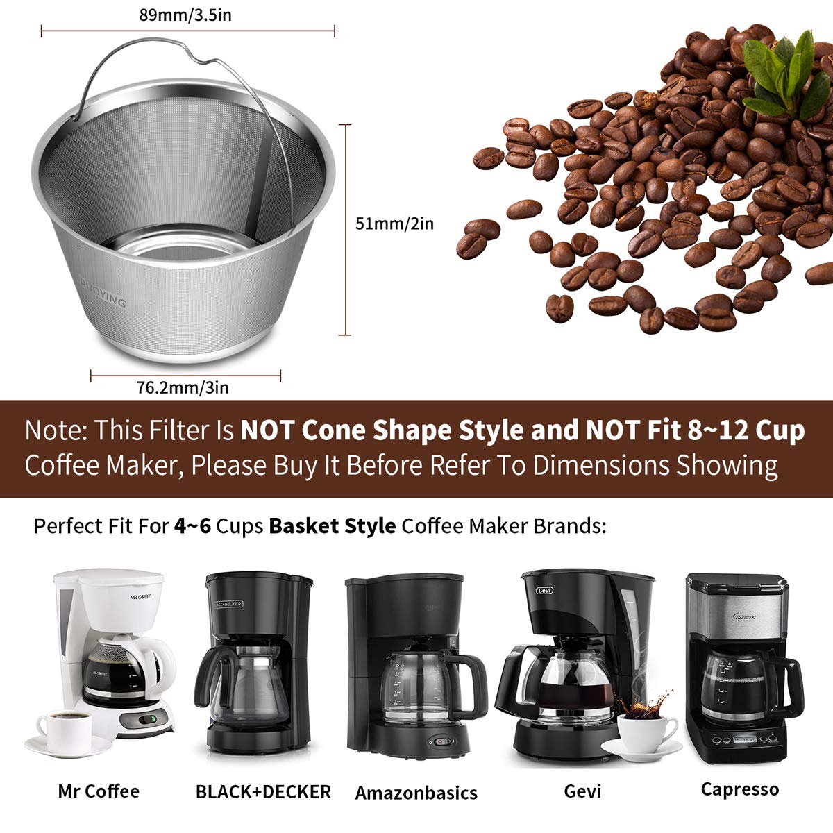 Reusable Stainless Steel Basket Coffee Filters, Fits Mr Coffee 4~5 Cup