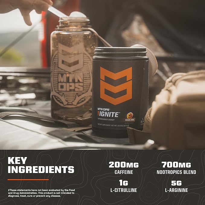 MTN OPS Ignite Trail Packs Energy Drink Powder, Gluten Free Nootropic Supplement Drink Mix, L Arginine, L Citrulline, Caffeine & Nootropic Sugar Free Drink Mix, 20 Servings, Tiger's Blood