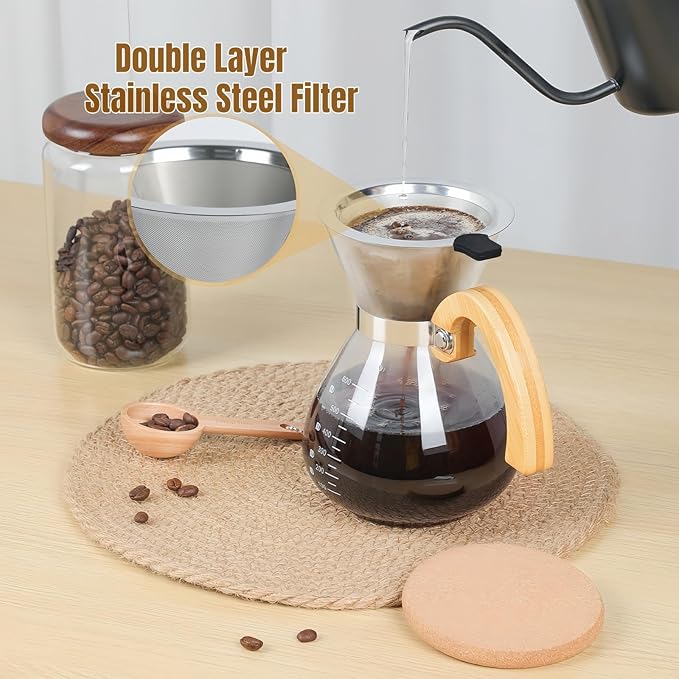 Pour Over Coffee Maker Set, with Double-Layer Stainless Filter and Wooden Handle, 20 oz 600ml Thickened Borosilicate Glass Pour Over Coffee Dripper for Home Caf챕