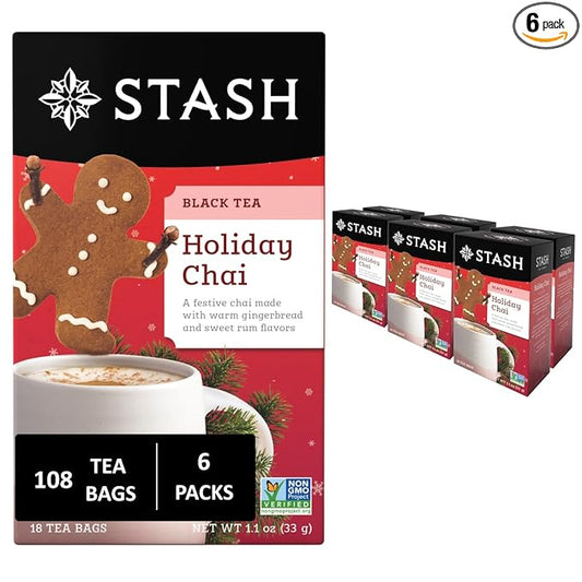 Stash Tea Holiday Chai Tea 18 Count Tea Bags (Pack of 6), Individual Spiced Black Tea Bags for Use in Teapots Mugs or Cups, Brew Hot Tea or Iced Tea