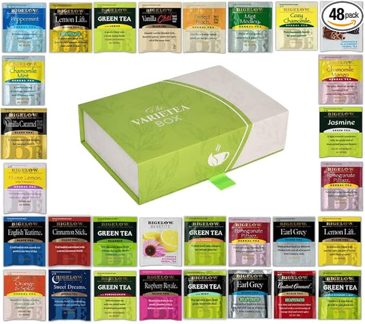 Tea Bags Sampler Assortment Variety Pack - Green, Black, Herbal, English, Chai Tea Breakfast & More (48 Count) (Bag) (Gift Box)