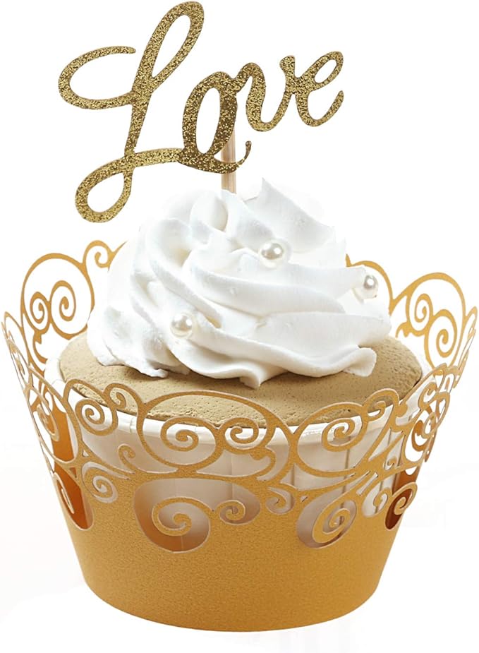 Cupcake Wrappers, KPOSIYA 100 Pack Cupcake Wraps Filigree Artistic Bake Cake Paper Cup Little Vine Laser Cut Liner Baking Cups Muffin Case Trays for Wedding Party Birthday Decoration (100, Gold)