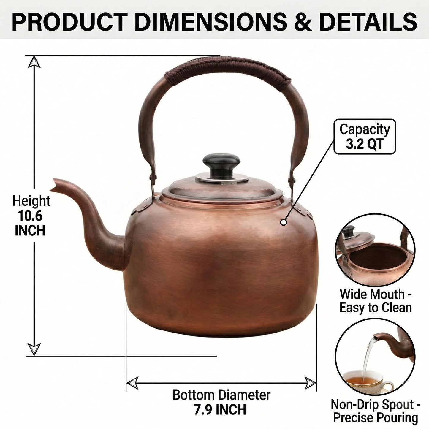 wloadry Copper Whistling Tea Kettle, Large Capacity with Cool-Touch Rope Handle,thicker Solid