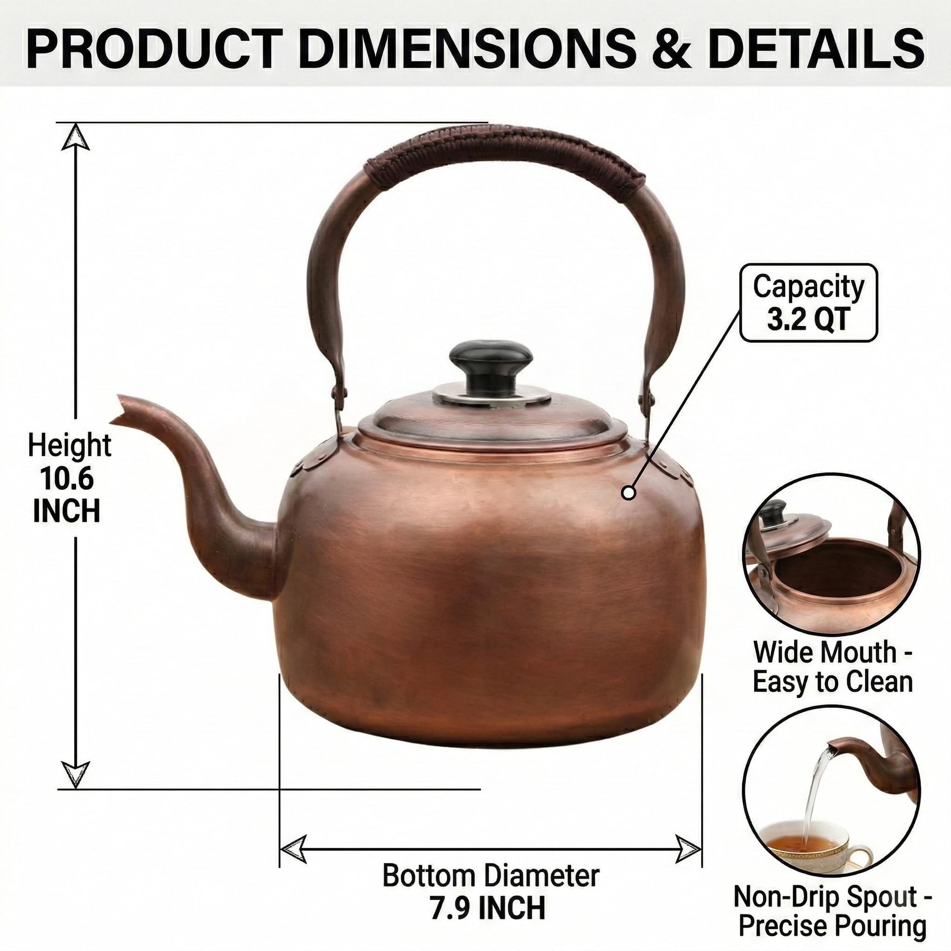 wloadry Copper Whistling Tea Kettle, Large Capacity with Cool-Touch Rope Handle,thicker Solid