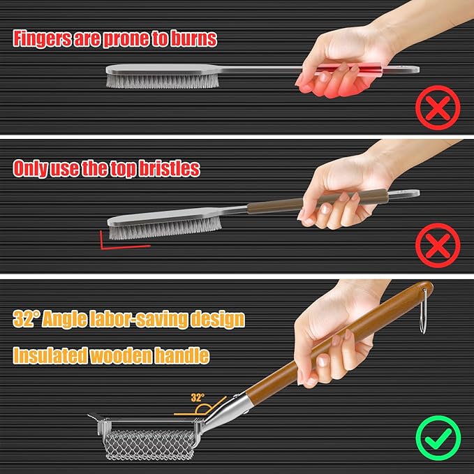 HOUSE AGAIN Grill Brush Bristle Free, 304 Stainless Steel Food-Grade Brush Head with Scraper, Safe BBQ Outdoor Grill Cleaning Brush Strong Barbecue Brush Cleaner Non Wire for Grill Grate/Wooden Handle