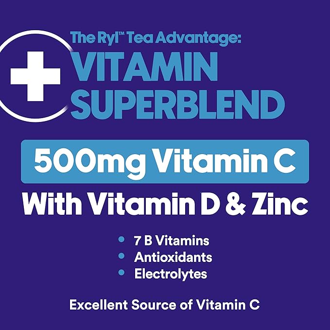 Ryl Immune Support Tea, Blueberry, 500mg Vitamin with Vitamin D & Zinc, 16.0 Fl Oz (12-Pack)