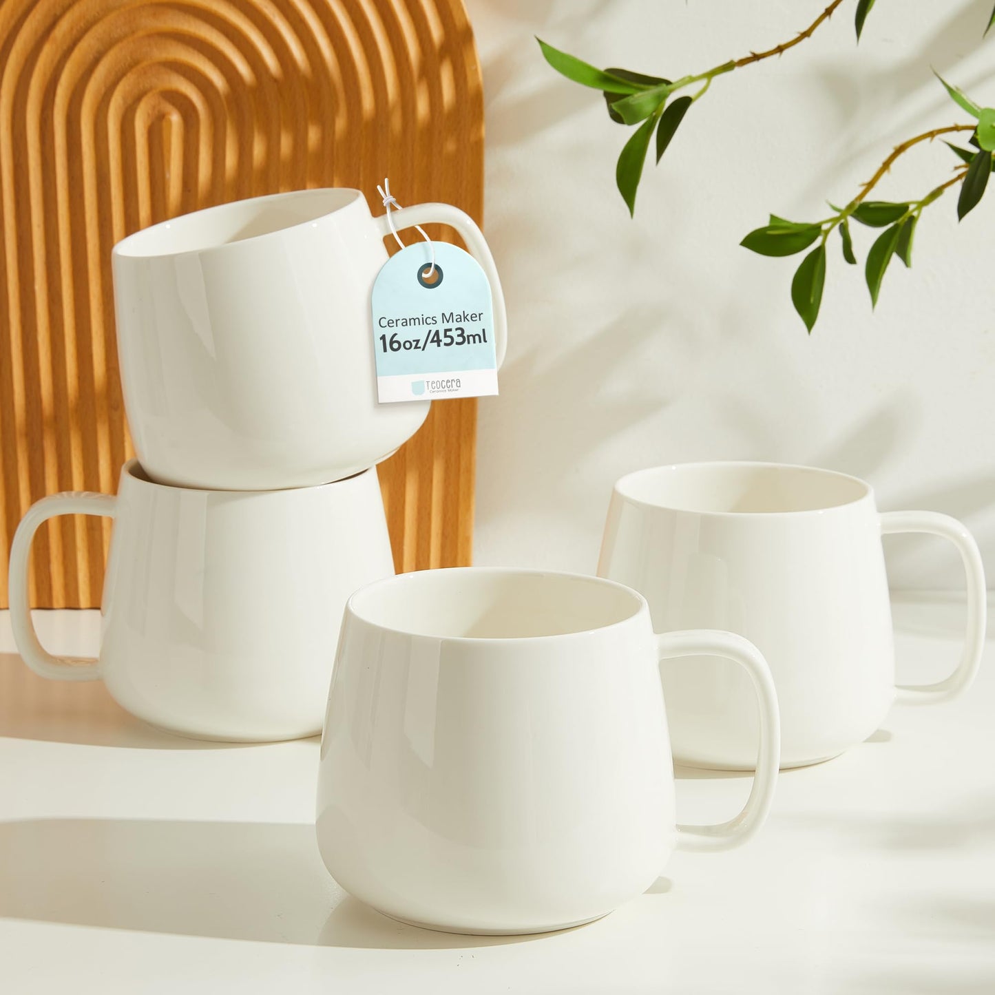 Teocera 16oz Ceramic Coffee Mugs Set of 4 – Stackable Latte Cups, Microwave, Dishwasher & Oven Safe