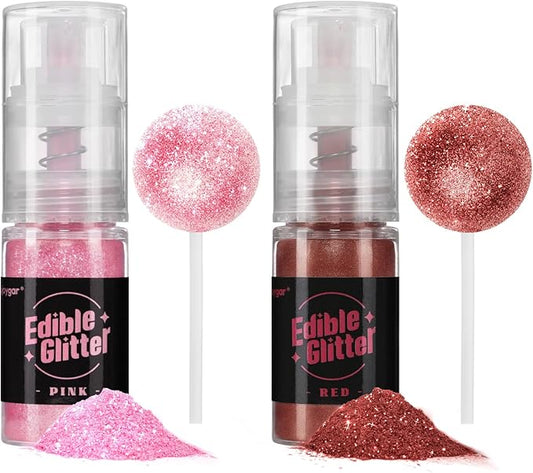 Sujoygar Edible Glitter Spray 2 Colors, Pink and Red Edible Glitter for Cocktails, Shimmer Powder Luster Dust Edible for Cake Drink Strawberrie Cupcake Cookies Haloween Baking Decoretion, Vegan(5g/Bottle)