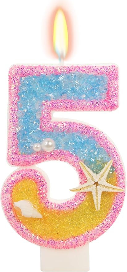5th Birthday Candle for Cake, Pink Beach Starfish Sequins Number Cake Candles, 2.76 inch Pink Cake Topper Decoration for Birthday Party (Number 5)