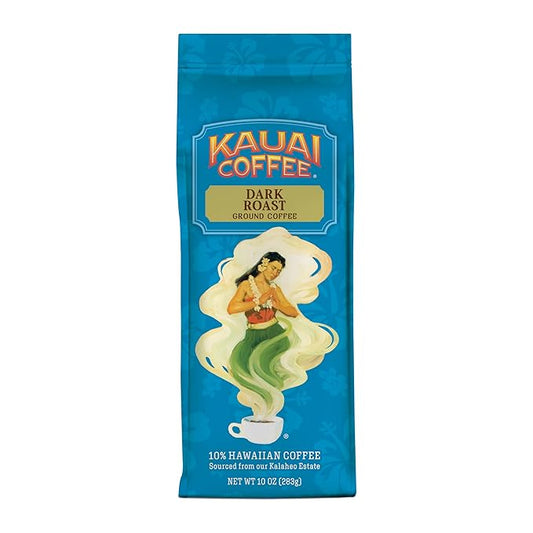 Kauai Coffee Ground Coffee ??Smooth, Rich, Dark Roast ??Nutty Notes with Chocolate Overtones ??Arabica Coffee, 10% Hawaiian with No Bitterness ??Koloa Estate, 1 Pack of 10oz