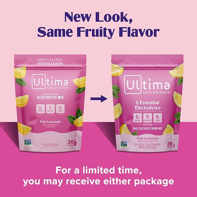 Ultima Replenisher Daily Electrolyte Powder Drink Mix ??Sugar Free ??Pink Lemonade, 20 Stickpacks ??Hydration Packets with 6 Electrolytes and Trace Minerals ??Keto Friendly, Vegan, Non-GMO