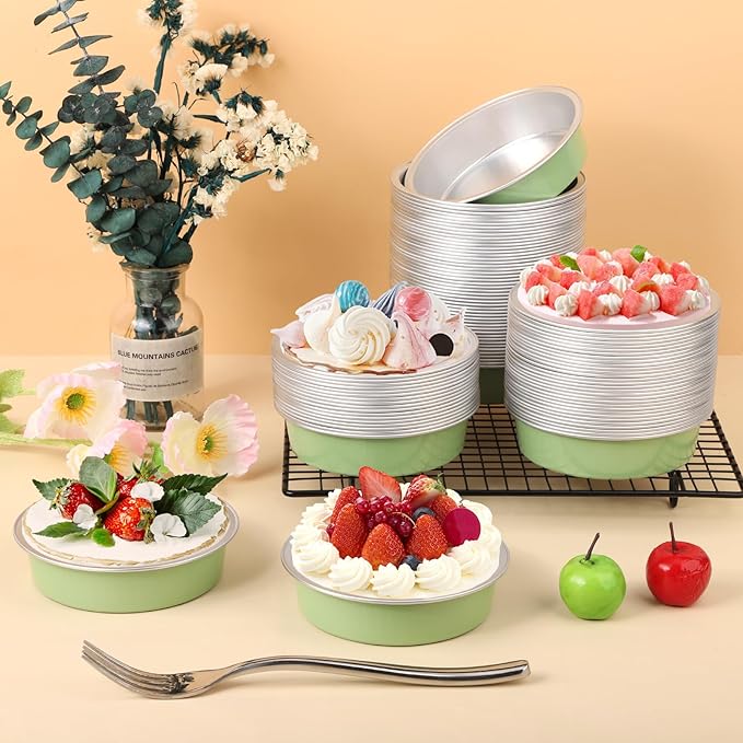 Beasea Disposable Aluminum Ramekins, 200 Pack 4 Inch 7.3oz 215ml Disposable Baking Foil Cups No Lids Mini Ramekin Cup Cupcake Aluminum Baking Cups for Party - Pea Green