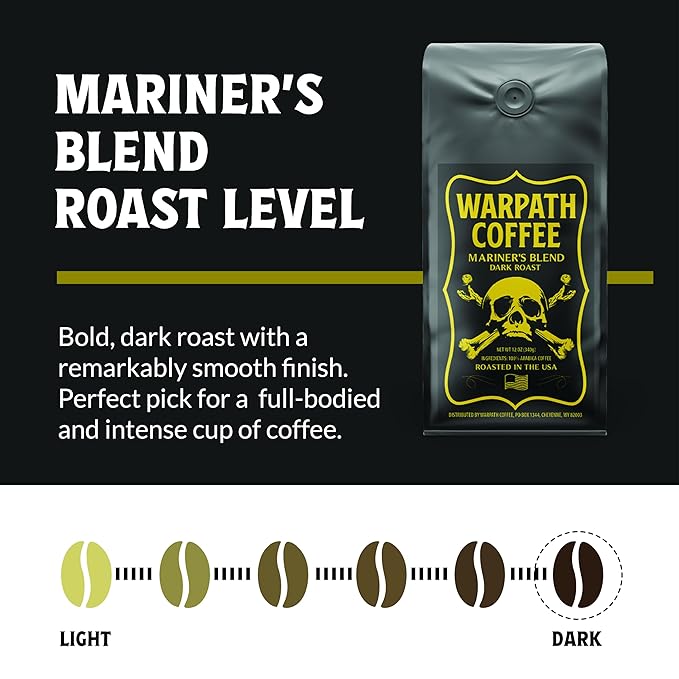 Warpath Coffee Dark Roast Whole Bean Coffee, Mariner's Blend, High Caffeine, Extra Strong Roasted 100% Arabica Coffee Beans Whole, Rich Aroma, Full-Bodied Intense Cup, Created by Navy SEALs, 12oz