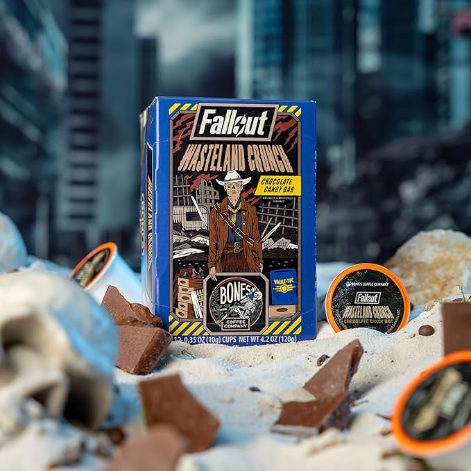 Bones Coffee Company Fallout Wasteland Crunch, Chocolate Candy Bar Flavored Coffee Pods, Low Acid Medium Roast Single-Serve Bones Cups, Compatible with 1.0 & 2.0 Capsule Brewers Coffee Maker, 12 Count