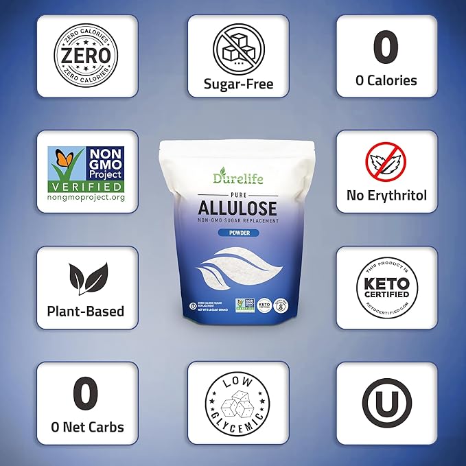Durelife Allulose sweetener, 1 lb 100% Pure No Erythritol powdered Sugar Substitute, NON-GMO Project Verified, Keto Certified, OU kosher, No Fillers, Zero Calories sugar alternative 1 Lbs