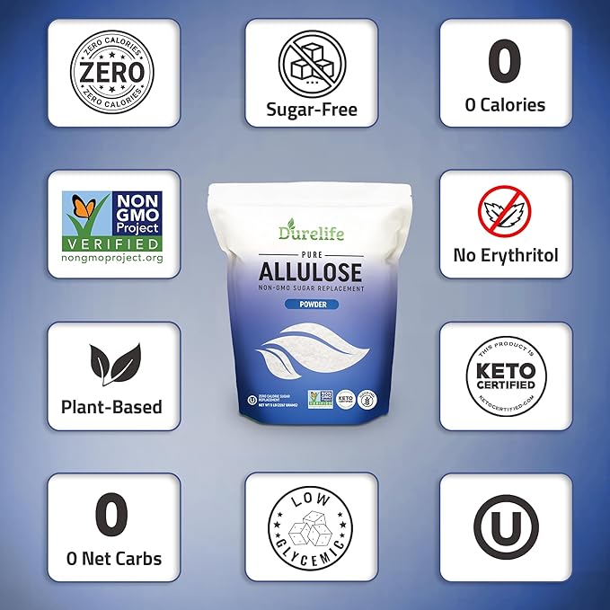 Durelife Allulose sweetener, 3 lb 100% Pure No Erythritol powdered Sugar Substitute, NON-GMO Project Verified, Keto Certified, OU kosher, No Fillers, Zero Calories sugar alternative 3 Lbs