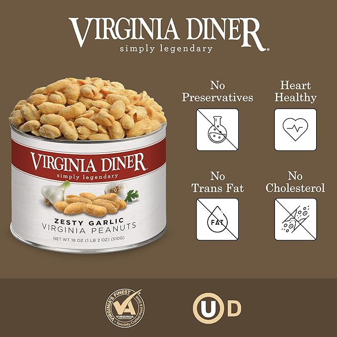 Virginia Diner - Zesty Garlic Seasoned Extra Large Virgnia Peanuts 18oz in Resealable Can for Snacking or Gifting