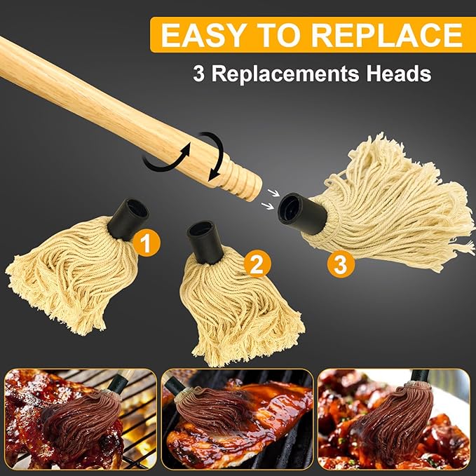 Walfos Basting Brush Silicone and BBQ Mop, Grill Basting Mop with 3 Heads and 2Pcs Pastry Brushes, Wooden Long Handle, Heat Resistant for Grilling, Smoking Steak, Kitchen Cooking (18"竊?,<div>