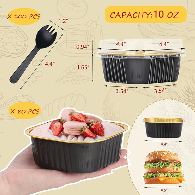 10oz/80pack Mini Cake Pans with Lids,LNYZQUS Small Foil Baking Tins Brownie Baking Cups,4?�x4??Disposable Ramekins Jumbo Cupcake Muffin Pan Mini Aluminum Containers Holders-Black