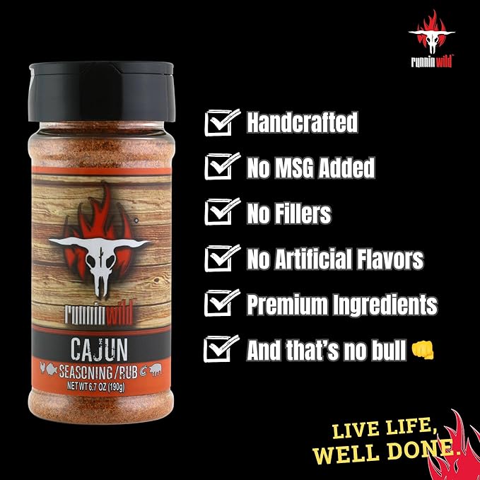 Gourmet Cajun Seasoning | No Artificial Flavors, No MSG added | Premium Cajun Rub for Chicken, Fish, Shrimp and Pork | Runnin Wild Foods, 6.7 ounces