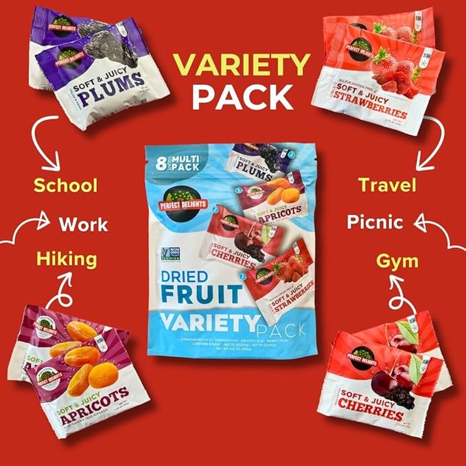 Perfect Delights Multipack Sun-Dried Fruits, Vegan, Healthy Snack Packs, Dried Fruits On-the-Go, Variety Fruit Pack For Kids & Adults, Apricots, Plums, Sour Cherries, Strawberries (8 Pack/ 2 of Each)