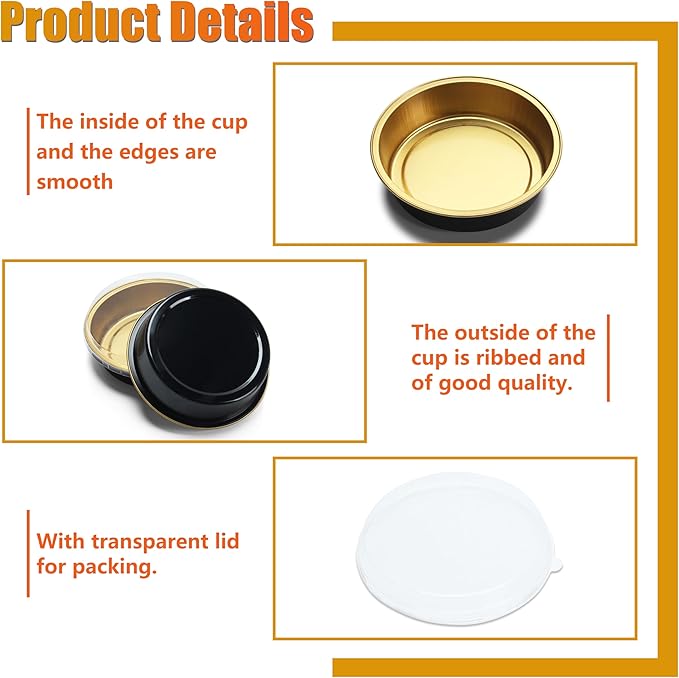 Mini Cake Pans with Clear Lids, 7.2oz 50Pcs Black Creme Brulee Cups for Muffin, Disposable Aluminum Cupcake Pans for Party, Birthday