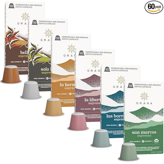 G GRANA Coffee Pods, Compatible with Nespresso OriginalLine, 60 Count, Medium and Dark Roast Espresso, USDA Organic 100% Arabica Single Source Specialty Coffee, Compostable Capsules, Variety Pack