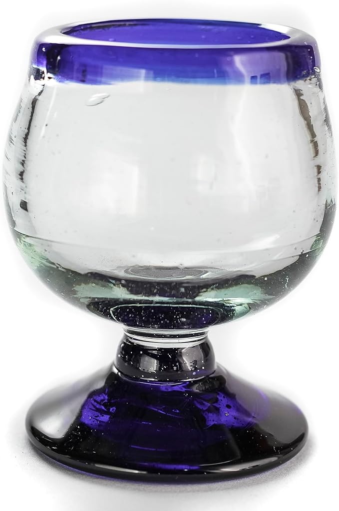 Authentic Mexican Tequila Hand Blown Shot Glasses - Set of 4-2 oz - Mini Glass Snifters - Heavy Base - Cognac (Cobalt Blue Rim)