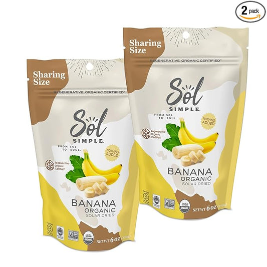 SOL SIMPLE Regenerative Organic Certified, Dried Banana | 6oz Snack Pack (2 Bags Total) | One Ingredient | Vegan | Non-GMO | No Added Sugar | Fair Trade | Dried Fruit | Organic