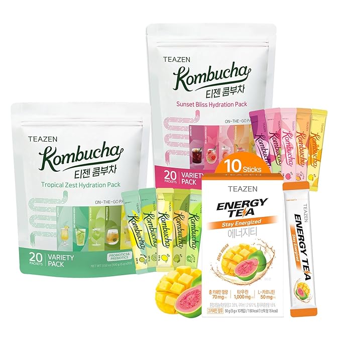 TEAZEN Kombucha Variety Pack 40 Stick & Energy tea powder 10Stick