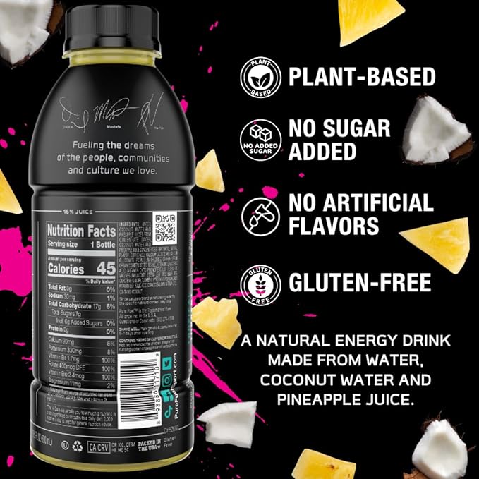 Pure Fuel Healthy Energy Drinks Tropical Torrent - Sports Drinks - Plant Based - 180mg Natural Caffeine - 12pk x 16.9 fl oz