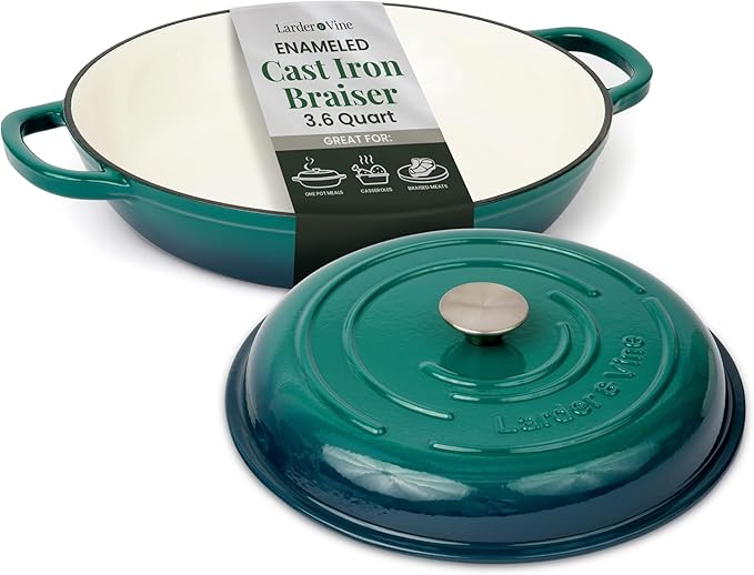 Larder & Vine Enameled Cast Iron Braiser | 3.6 qt Braiser Pan with Lid | Shallow Dutch Oven Compatible on All Cooktops | Casserole Dish Oven Safe to 500ì§?F | Dual Handles | Bondi
