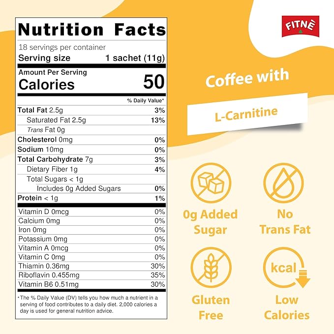 FITNE Instant 3 In 1 Coffee Packets Mix With L-Carnitine For Workout Exercise Vitamin B1 B2 B6 Smooth Blend No Sugar Sucralose Sweetener, 18 Sticks