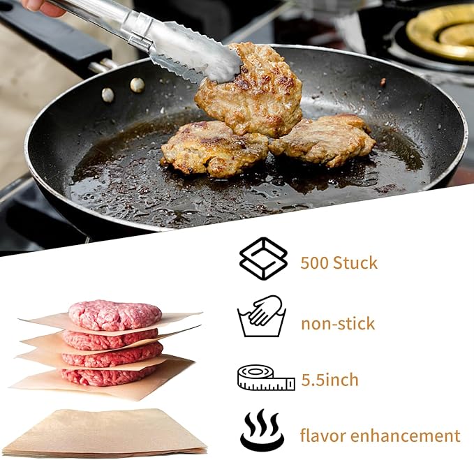 Hamburger Patty Paper Squares - burger paper 500 pieces, 5.5x5.5 in baking paper for burger press, ideal for smash burgers, burger pattie press paper