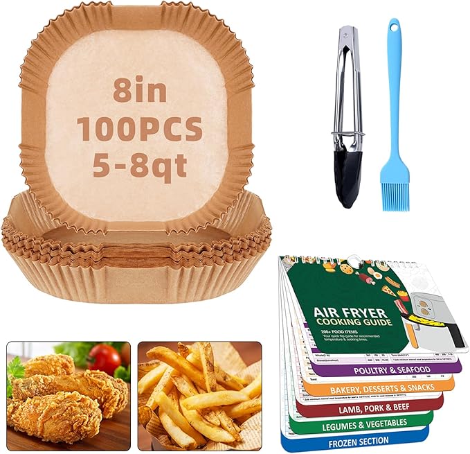Air Fryer Liners Disposable 7.9??Square Airfryer Liners, 100 Pcs Air Fryer Parchment Paper Liners, Non-Stick airfryer paper liners, Air Fryer Cheat Sheet Magnets Over 200 Foods (Air Fryer Accessories)