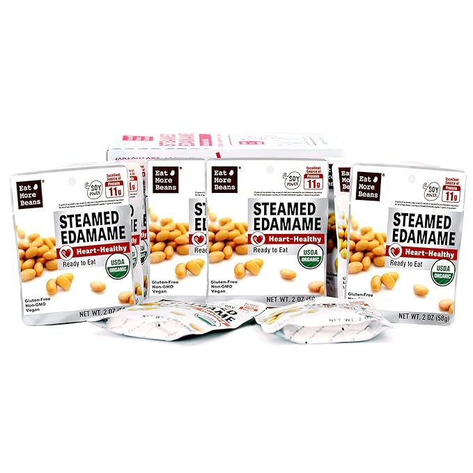 Steamed Bean Snack Series - STEAMED EDAMAME (Water, Organic Soybeans, Sea Salt, Organic Rice Vinegar) - Box of 10