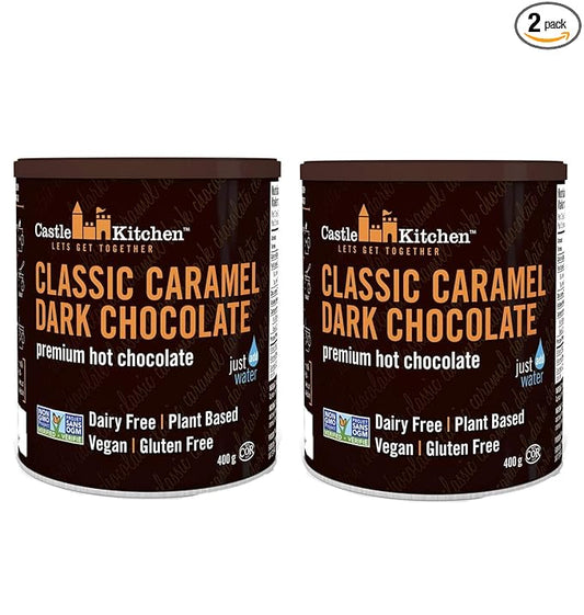 Castle Kitchen Caramel Dark Hot Chocolate (2 Pack) Premium Plant Based, Dairy Free, Gluten-Free, Vegan Hot Coca Mix - Just Add Water - 14 oz