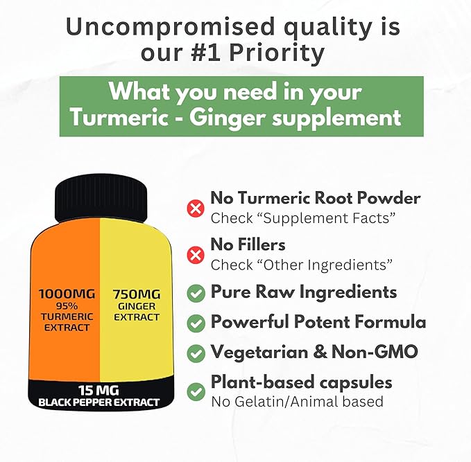 Turmeric Curcumin with Ginger ??1750mg High-Potency Formula with 95% Standardized Curcuminoids and Ginger Extract ??Black Pepper for Enhanced Absorption ??60 Vegan Capsules