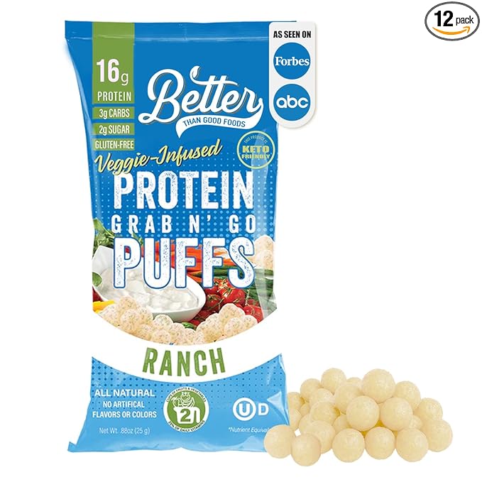 Better Than Good Keto Ranch 16g Protein Puffs | Healthy Savory Snacks, Gluten-Free, Low Carb, kids & Diabetic-Friendly Snack, No Artificial Flavours | 2 Servings of Fruits & Veggies (Pack of 12)
