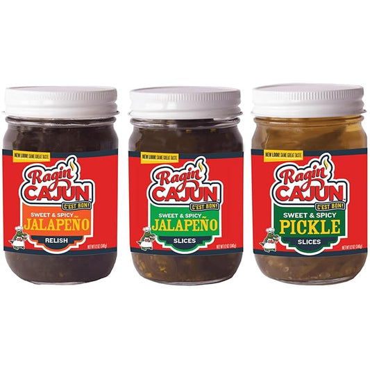 Ragin' Cajun Flavorful Charcuterie Condiment Trio - 1 Jalapeño Relish 15 oz, 1 Jalapeño Slice 14 oz, 1 Spicy Pickle 12 oz, Authentic Louisiana Variety Pack
