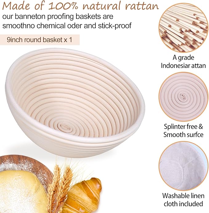 Banneton Bread Proofing Basket, 9 Inch Round Sourdough Bread Baking Supplies, Bread Making Starter Kit, Proofing Baskets for Baking, Perfect Baker's Gift Set