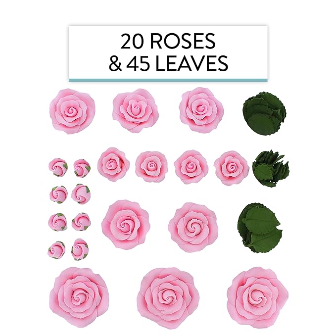 Global Sugar Art Exquisite Rose & Leaf Tray Edible Sugar Cake Flowers, Pink 20 Count Unwired by Chef Alan Tetreault