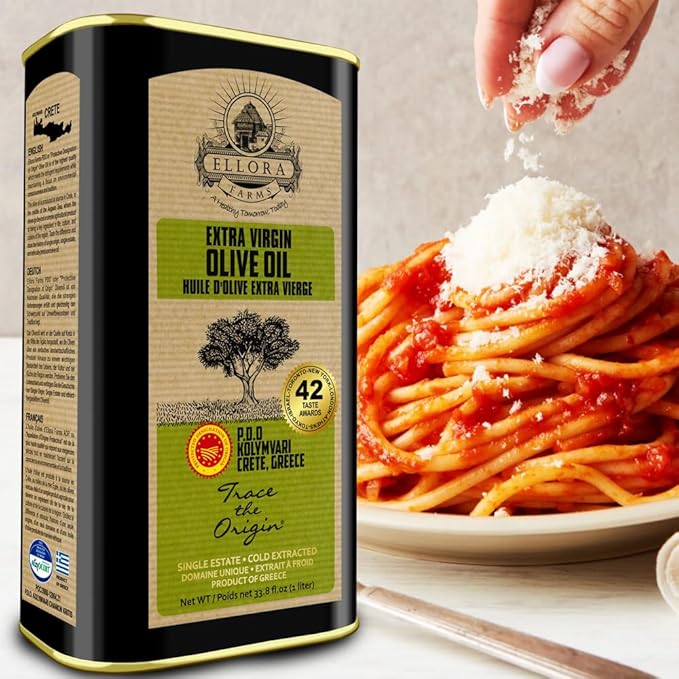 Ellora Farms, Single Estate PDO Greek Extra Virgin Olive Oil, Cold Pressed & Traceable Olive Oil, Kosher, 1 Lt Tin (33.8 oz.), Pack of 4